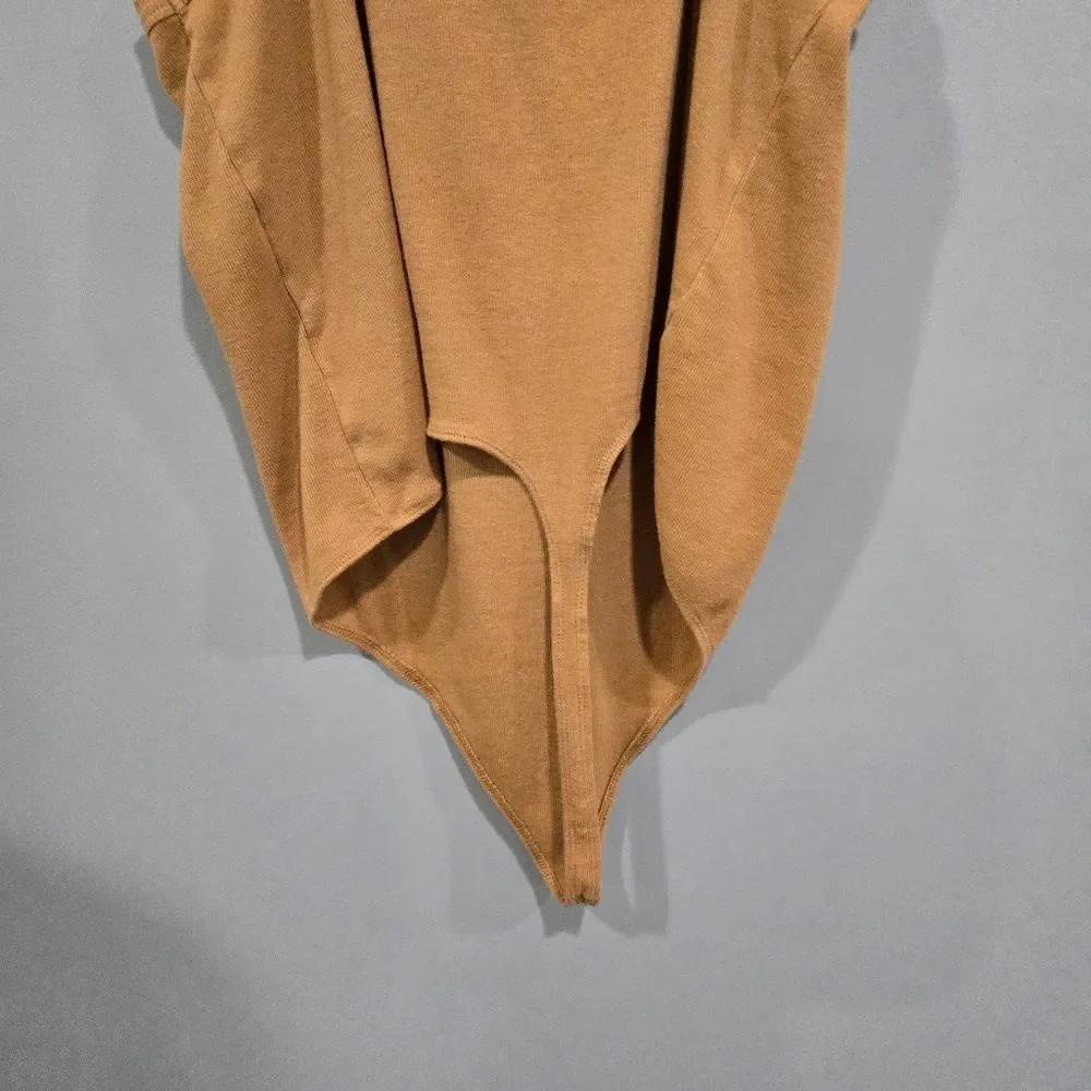 BP. Picot Trim Cotton Blend Rib Bodysuit in Tan Dale Size 3X